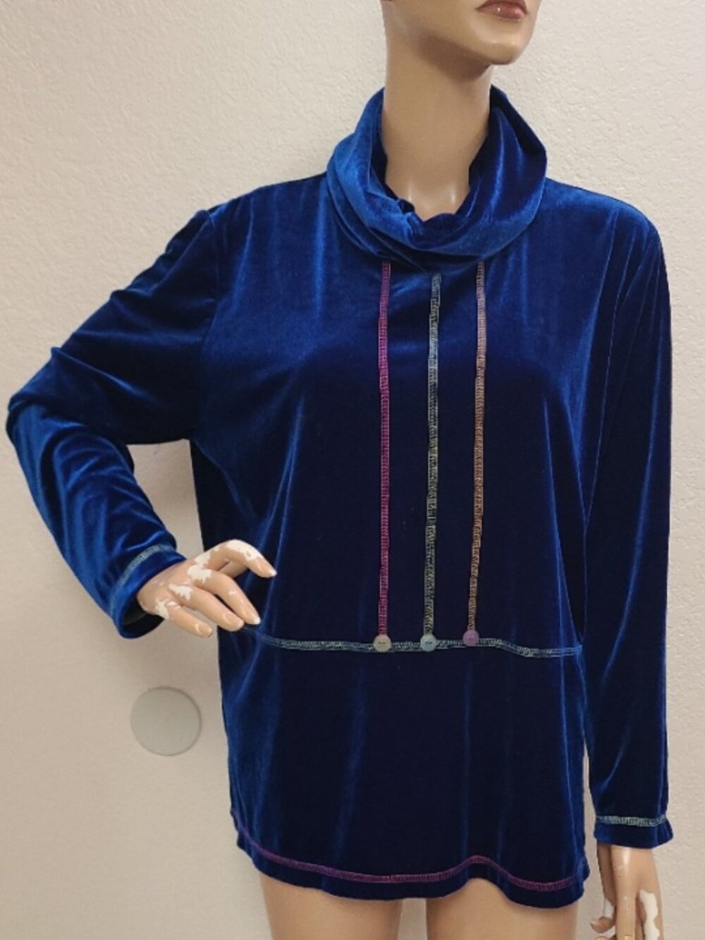 VINTAGE 1980s PETER POPOVICH STRETCH VELOUR FUNNEL NECK TUNIC TOP sz M